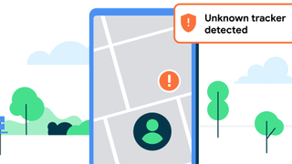A Phone shows an ! and a green person on a map with a warning "Unknown Tracker Detected"