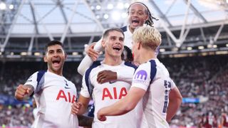 Micky van de Ven of Tottenham Hotspur celebrates scoring his team's third goal with teammates Lucas Bergvall, Xavi Simons, and Cristian Romero during the Premier League match between West Ham United and Tottenham Hotspur at London Stadium on September 13, 2025 in London, England. 