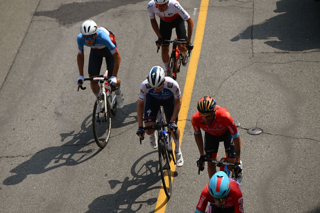 QUEBEC CITY QUEBEC SEPTEMBER 09 A general view of Damiano Caruso of Italy and Team Bahrain Victorious Stan Van Tricht of Belgium and Team QuickStep Alpha Vinyl Hugo Toumire of France and Team Cofidis Sbastien Grignard of Belgium and Team Lotto Soudal and Carson Miles of Canada and Team Canada compete in the breakaway during the 11th Grand Prix Cycliste de Qubec 2022 a 2016km one day race from Quebec to Quebec GPCQM on September 09 2022 in Quebec City Quebec Photo by Dario BelingheriGetty Images