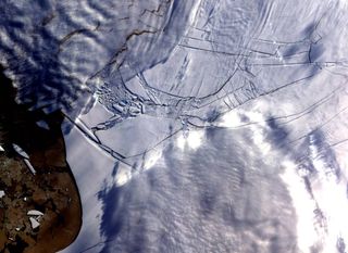 Ice fractures on the Wilson ice shelf off the coast of the western Antarctic Peninsula.
