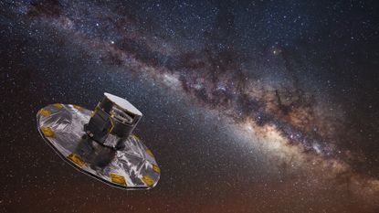 an illustration of the Gaia space telescope with the Milky Way in the background