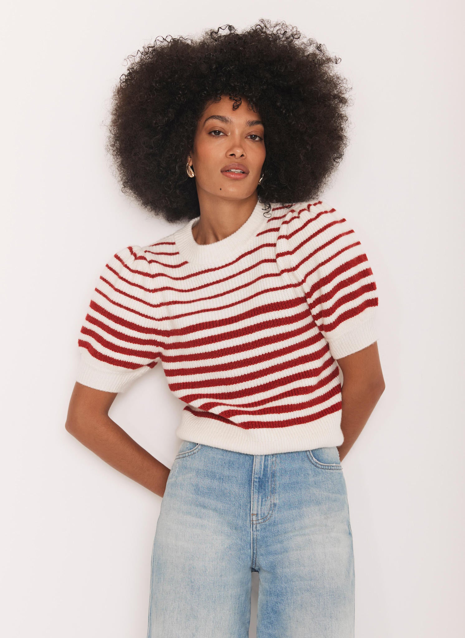 Red Striped Puff Sleeve Knit Top