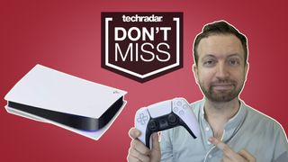 PS5 console with PS5 restock tracker Matt Swider holding the PS5 DualSense controller 