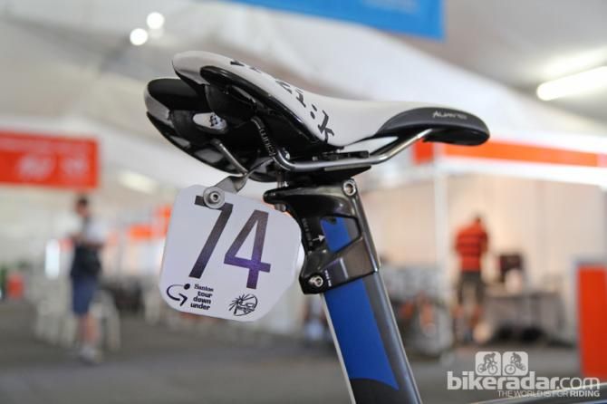 A custom stainless steel number plate holder is attached to the seatmast head on Mark Renshaw's (Blanco) new Giant Propel Advanced SL.