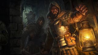 Dungeonborne art - guy in a dungeon holding a lantern (detail)