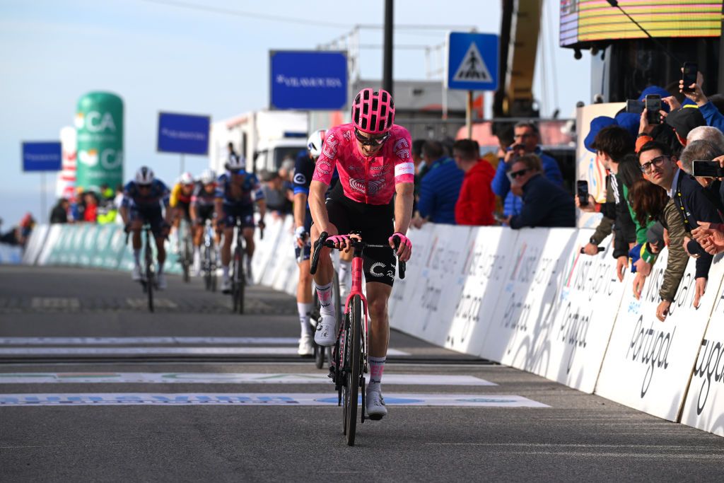ALTO DA FOIA PORTUGAL FEBRUARY 20 Neilson Powless of the of The United States and Team EF Education EasyPost crosses the finish line during the 51st Volta ao Algarve em Bicicleta Stage 2 a 1776km stage from Lagoa to Alto da Foia 869m on February 20 2025 in Alto da Foia Portugal Photo by Tim de WaeleGetty Images