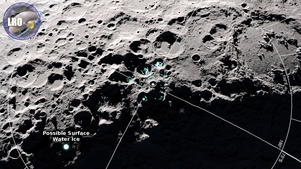 A view of the south pole of the Moon showing where reflectance and temperaturedata indicate the possible presence of surface water ice