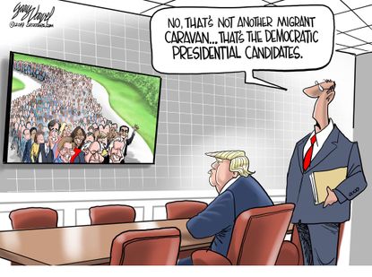 Political cartoon U.S. Trump migrant caravan democratic presidential candidates 2020