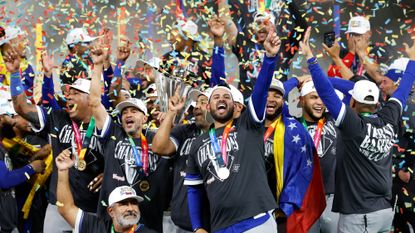 Team Venezuela celebrates World Baseball Classic win over Team USA