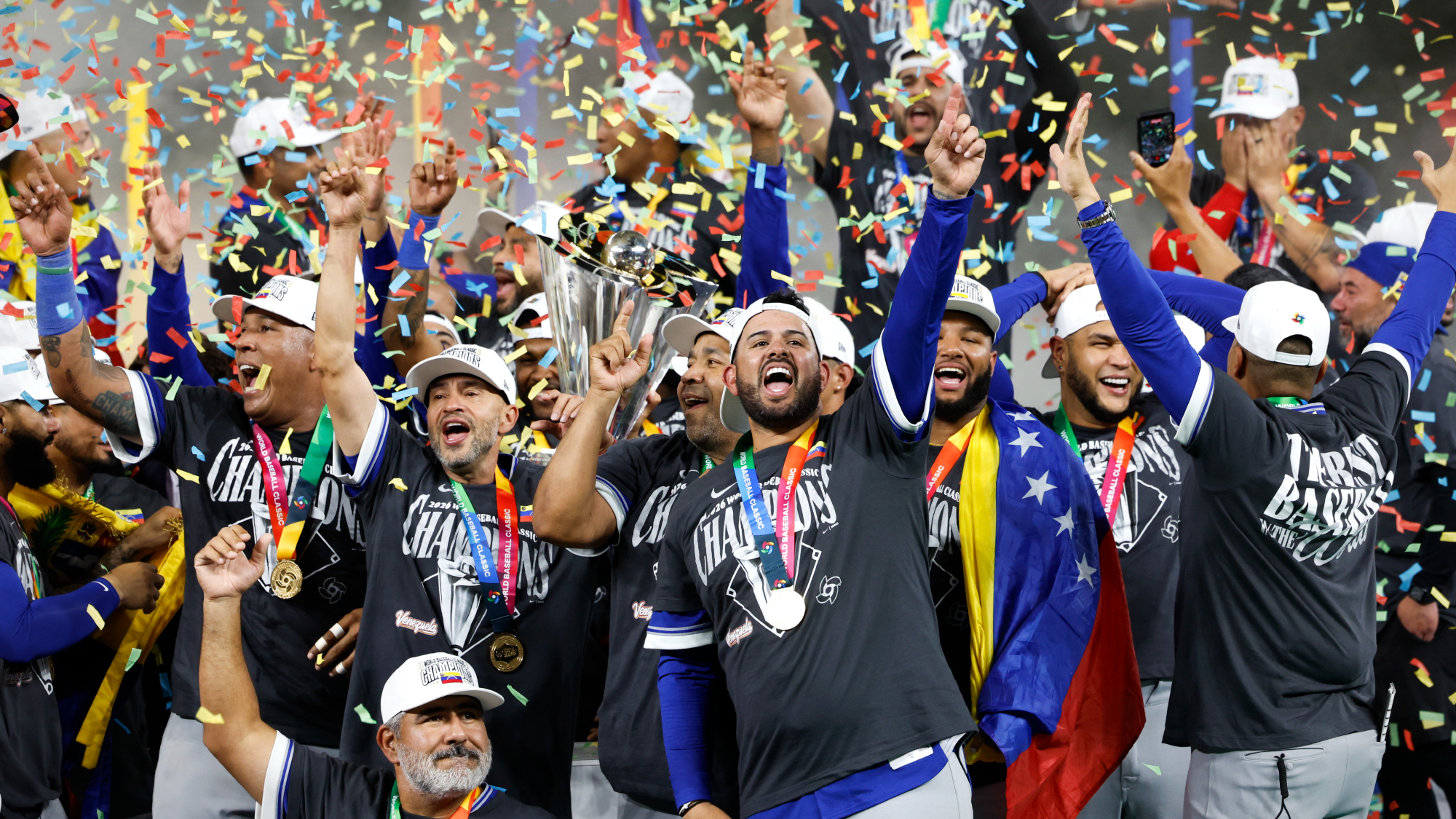Team Venezuela celebrates World Baseball Classic win over Team USA