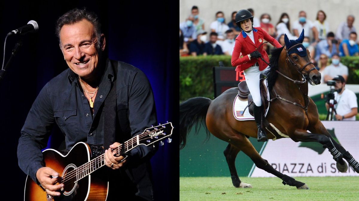 Bruce Springsteen next to daughter Jessica Springsteen on horse