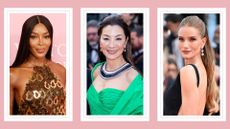 Naomi Campbell, Michelle Yeoh and Rosie Huntington-Whiteley pictured with glowy skin/ in a pink template