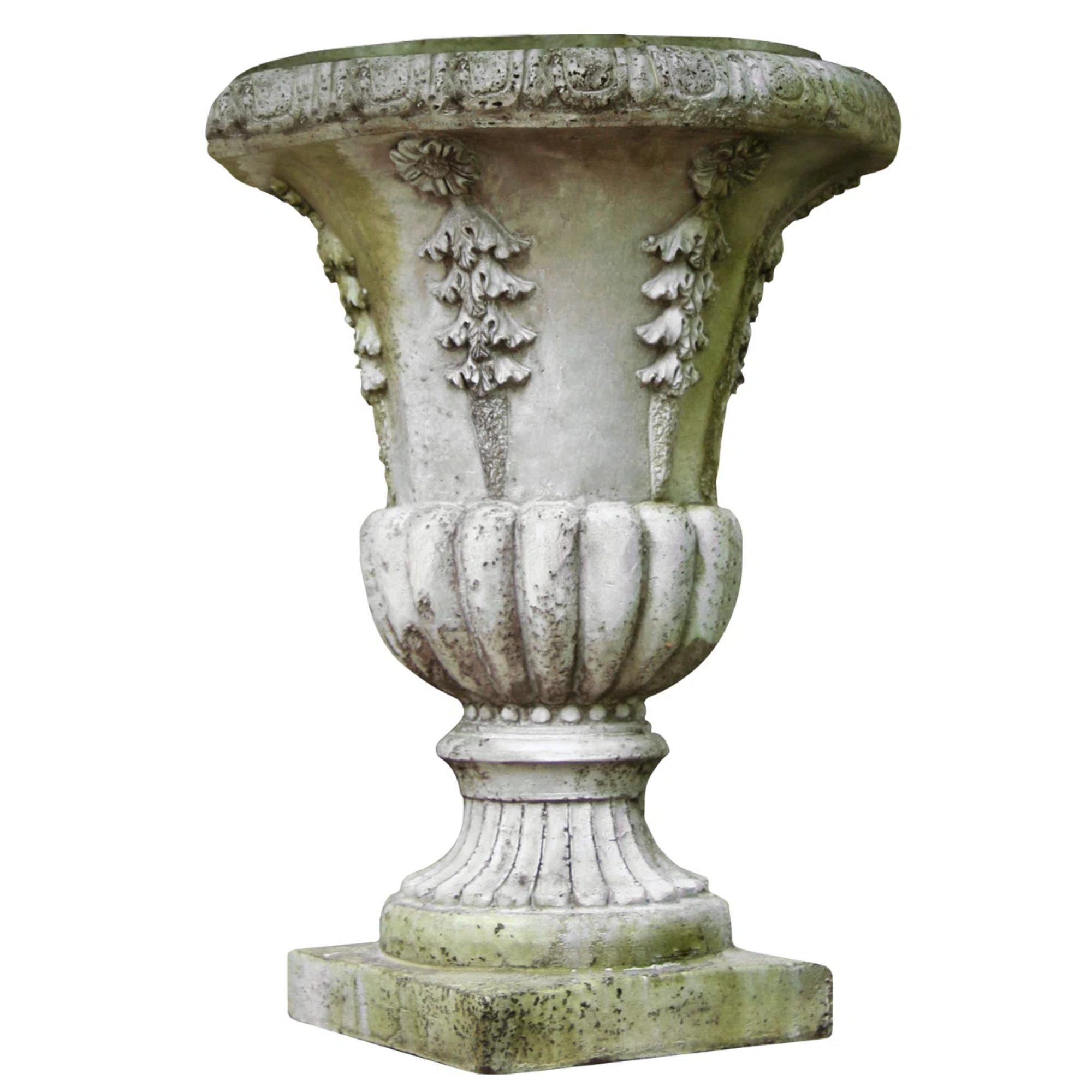 a stone urn with decorative details