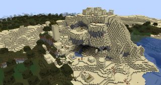 Minecraft - A desert village that's spawned in three levels over a hill without connecting paths and lots of floating tiers.