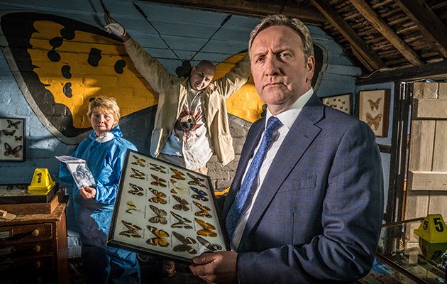 MIDSOMER MURDERS Series 20: Crime scene: Annette Badland as Fleur Perkins with DCI John Barnaby