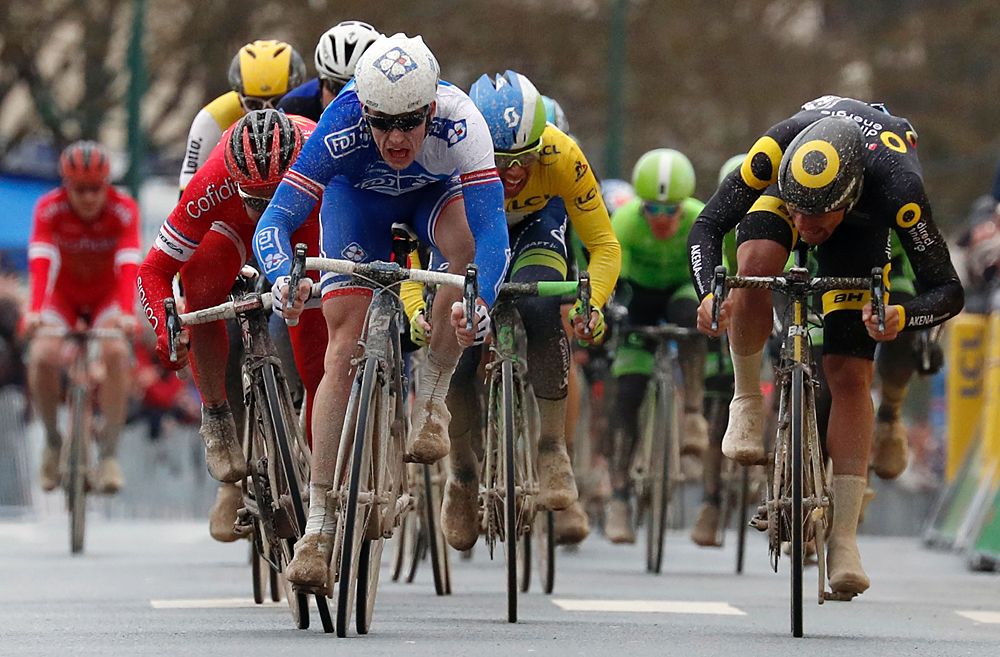 Arnaud D&eacute;mare (FDJ) wins the small group sprint, stage 1 Paris-Nice