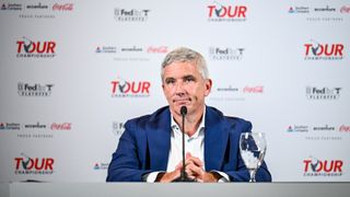 PGA TOUR Commissioner Jay Monahan smiles during his annual "State of the PGA TOUR" press conference prior to the TOUR Championship