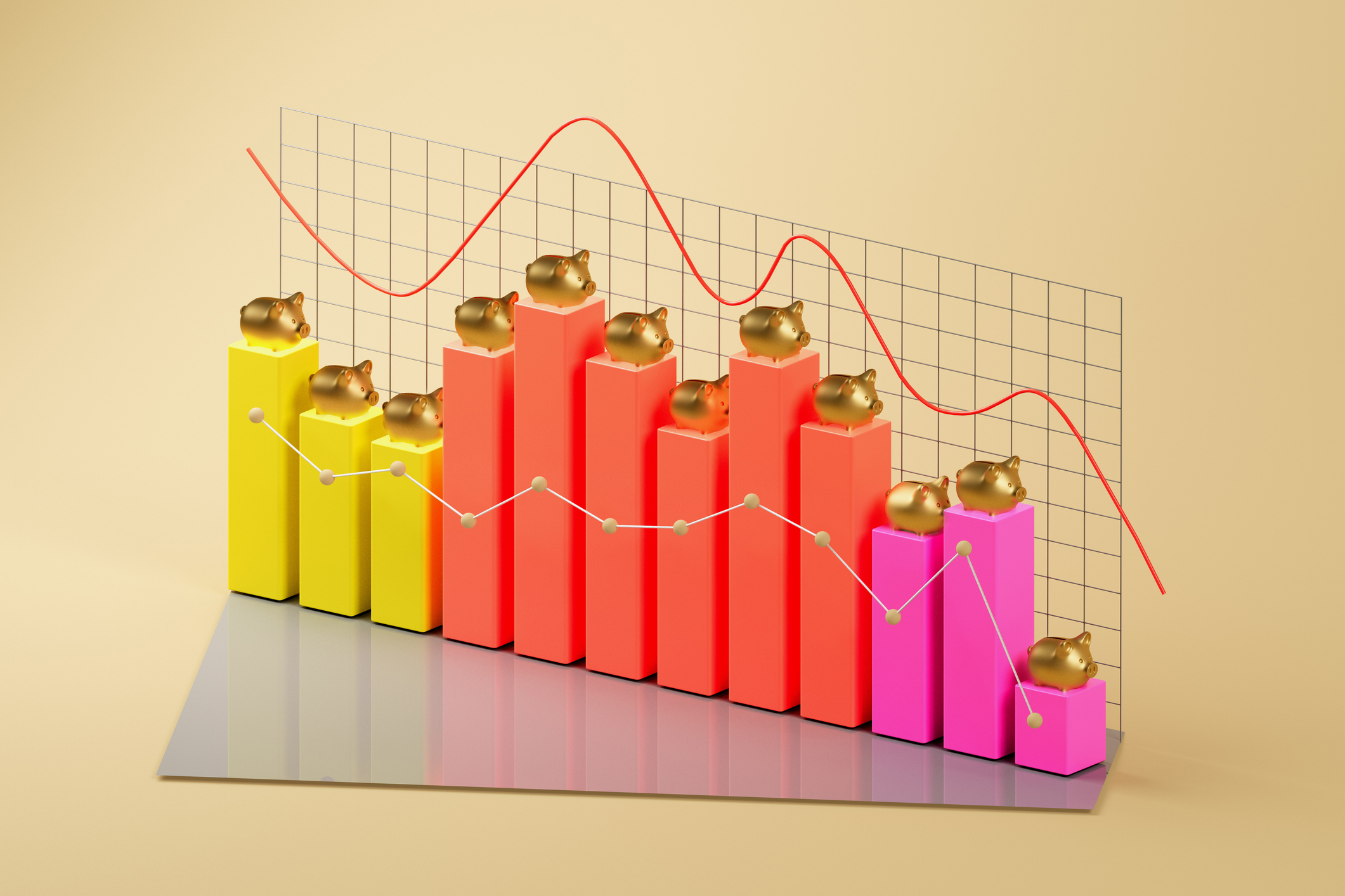 Savings ISAs concept, piggy bank graph