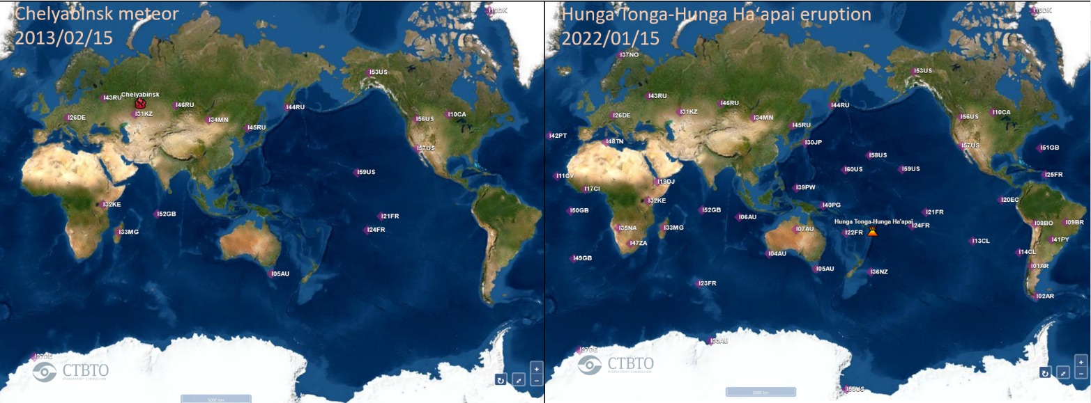Comparative infrasound measurements between Chelyabinsk meteor airburst and Tonga eruption.