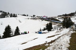 MONTE ZONCOLAN ITALY MAY 22 Snowy view of Monte Zoncolan finish area during the 104th Giro dItalia 2021 Stage 14 a 205km stage from Cittadella to Monte Zoncolan 1730m Fog UCIworldtour girodiitalia Giro on May 22 2021 in Monte Zoncolan Italy Photo by Stuart FranklinGetty Images