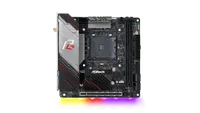 ASRock X570 Phantom Gaming-ITX/TB3 motherboard top down on grey