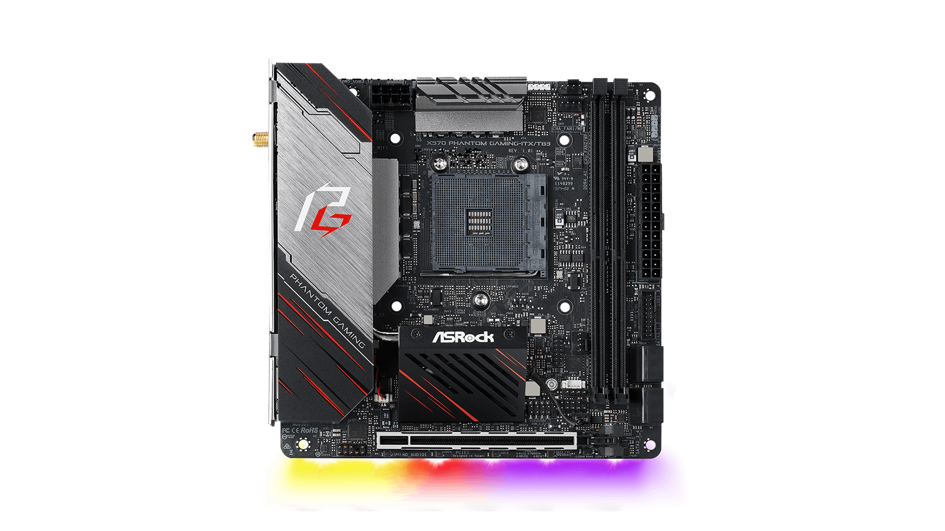 ASRock X570 Phantom Gaming-ITX/TB3 motherboard top down on grey