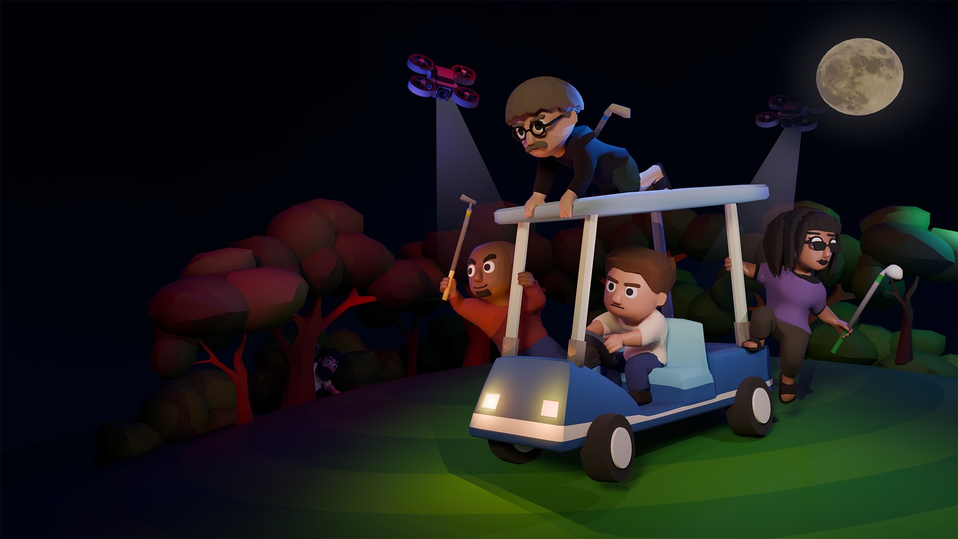 Miscreants mishandle a golf cart.