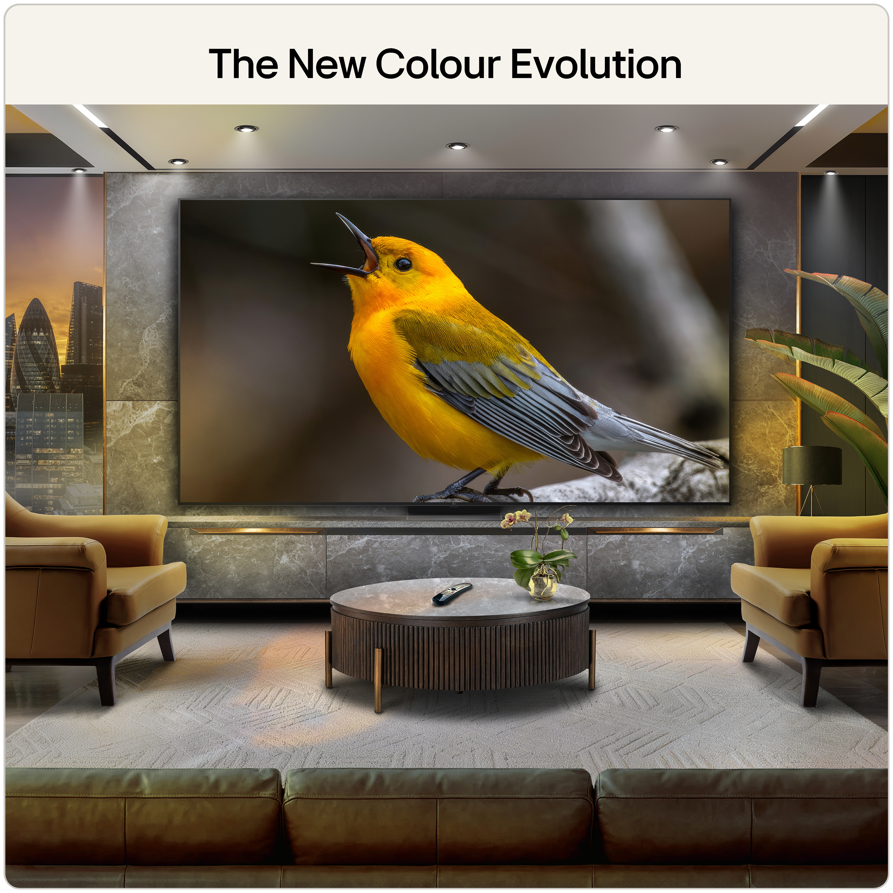 An LG Micro RGB evo TV showing a bright image of a yellow bird in a contemporary living room