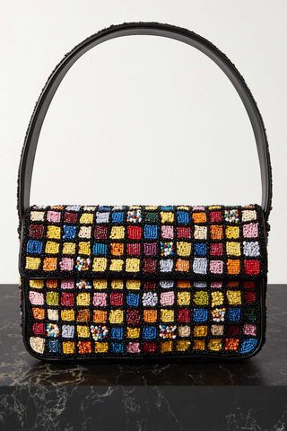 STAUD Tommy vegan leather-trimmed beaded satin shoulder bag