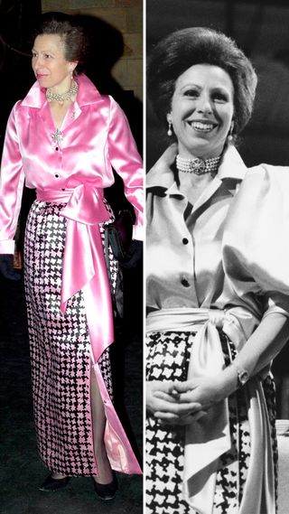 Princess Anne rewearing the same pink satin shirt and skirt decades apart