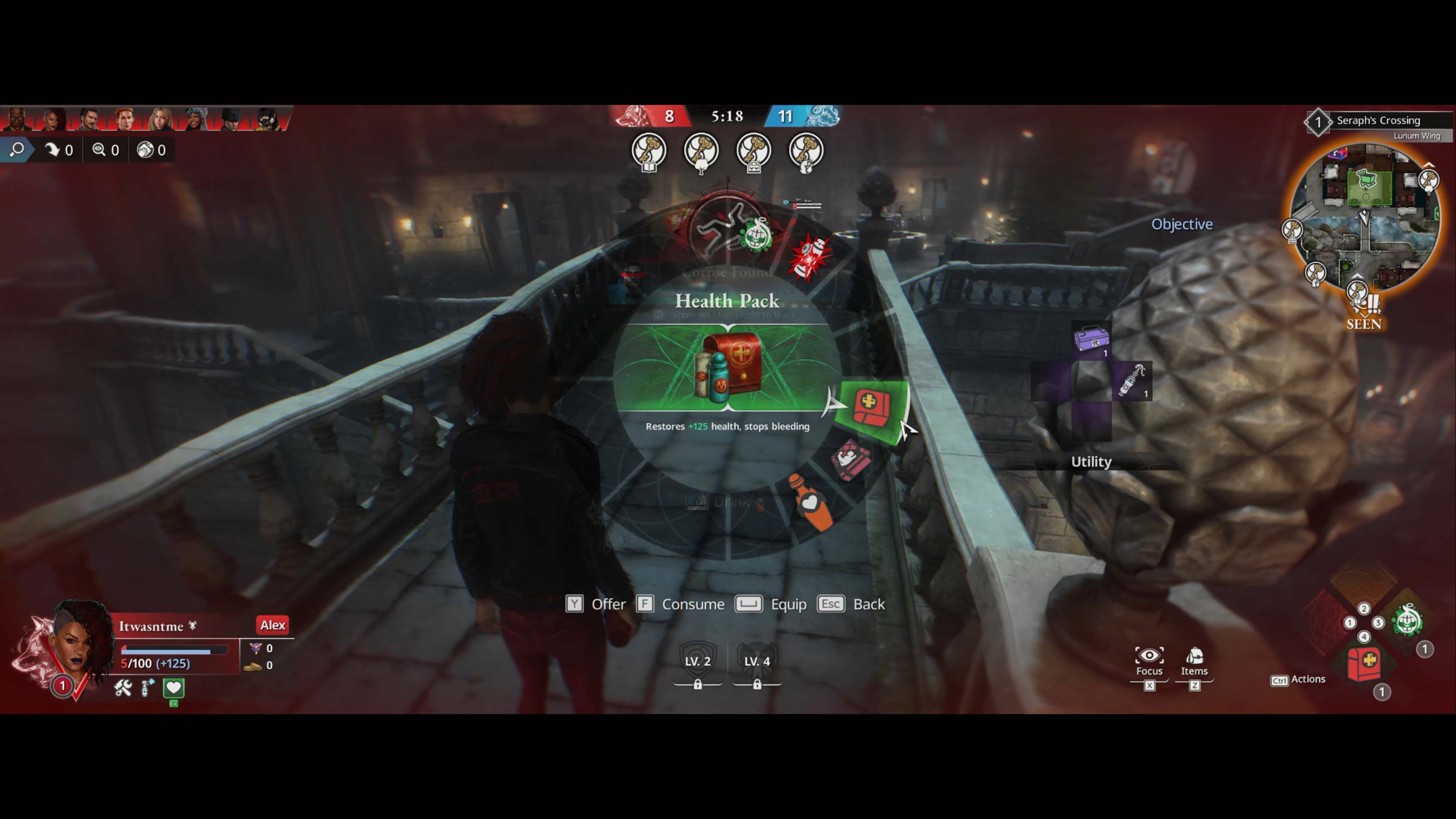 A screenshot from Killer Inn depicting the item wheel with a health pack selected.