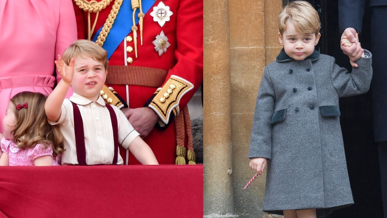 Prince George waving on the balcony at Trooping the Colour wearing a white shirt and suspenders next to a photo of him in a gray coat holding a candy cane