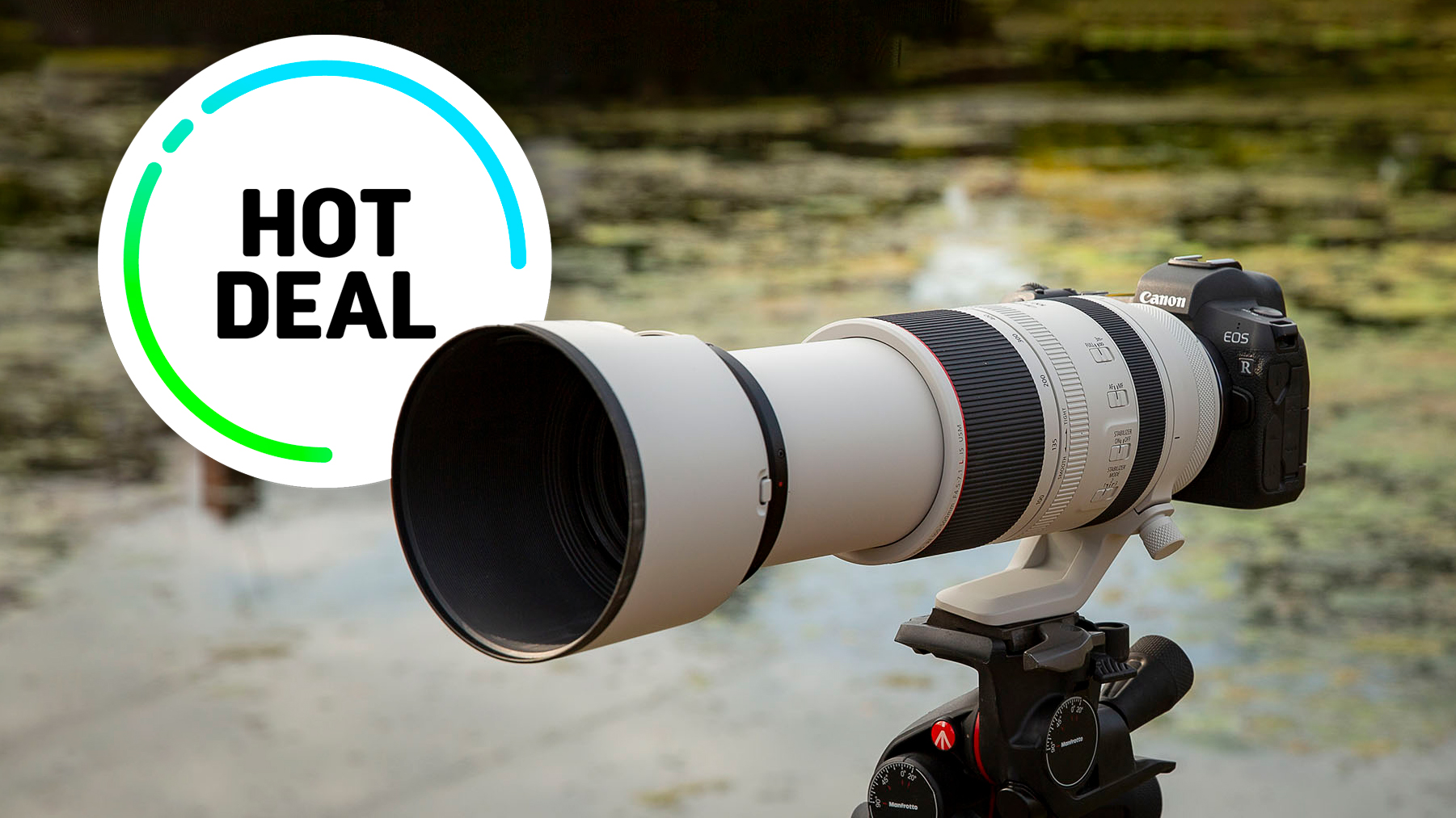 Close-up of a Canon camera with a large zoom lens on a tripod, featuring a "Hot Deal" graphic overlay