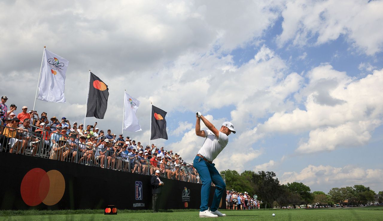 Wyndham Clark hits a tee shot on the first hole of the Arnold Palmer Invitational 