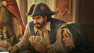 A bearded man in pirate garb holds a hand of cards close to his chest, literally