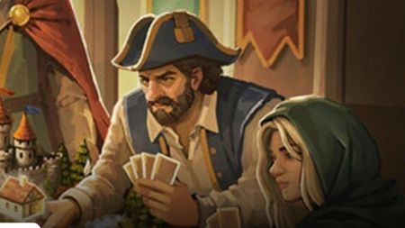 A bearded man in pirate garb holds a hand of cards close to his chest, literally