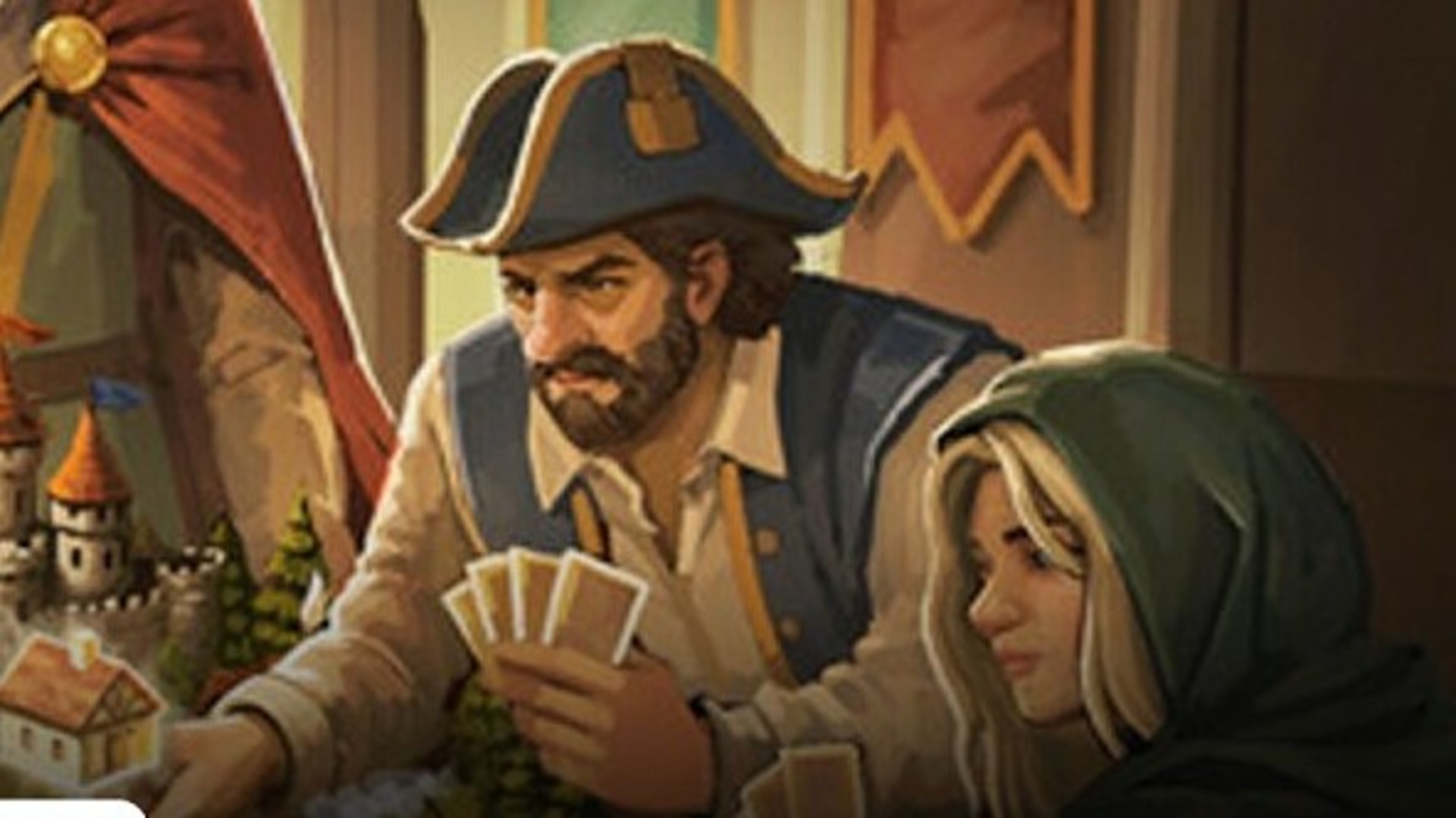 A bearded man in pirate garb holds a hand of cards close to his chest, literally
