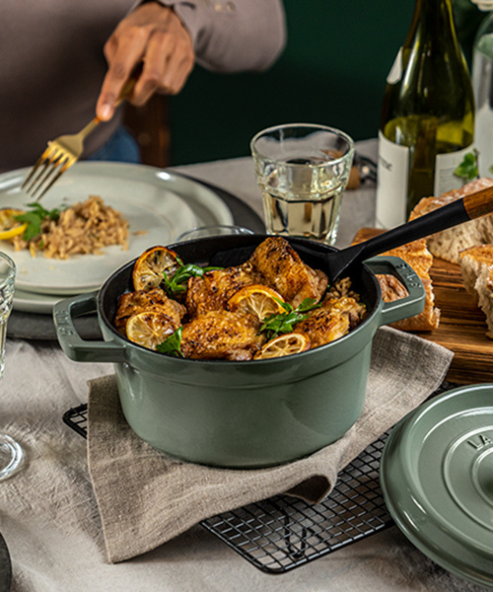 Staub cast iron cocotte in eucalyptus