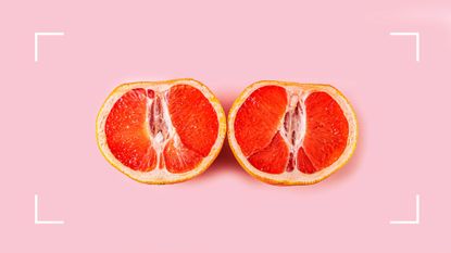 Two half of fresh red cut grapefruit on pink background, to symbolise what a normal vagina can look like