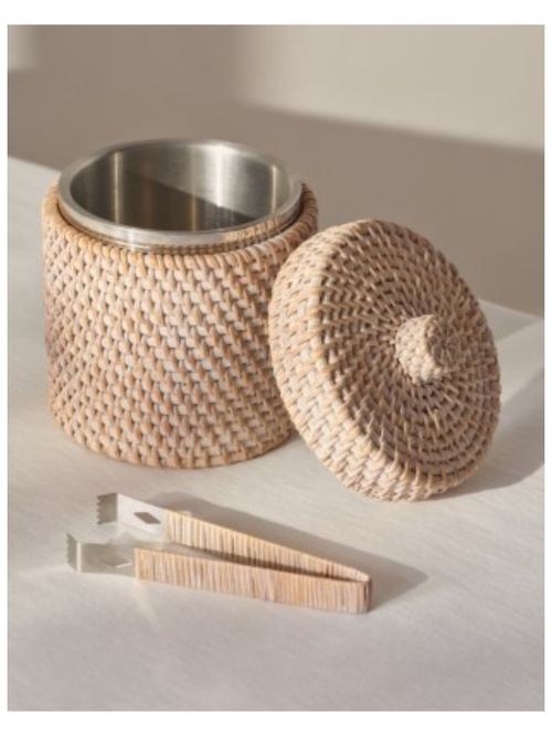 Whitewashed Rattan Ice Bucket &ndash; With Tongs