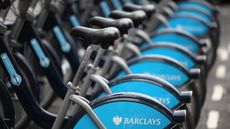 Barclays Cycle Hire bikes parked in their docking stations in London