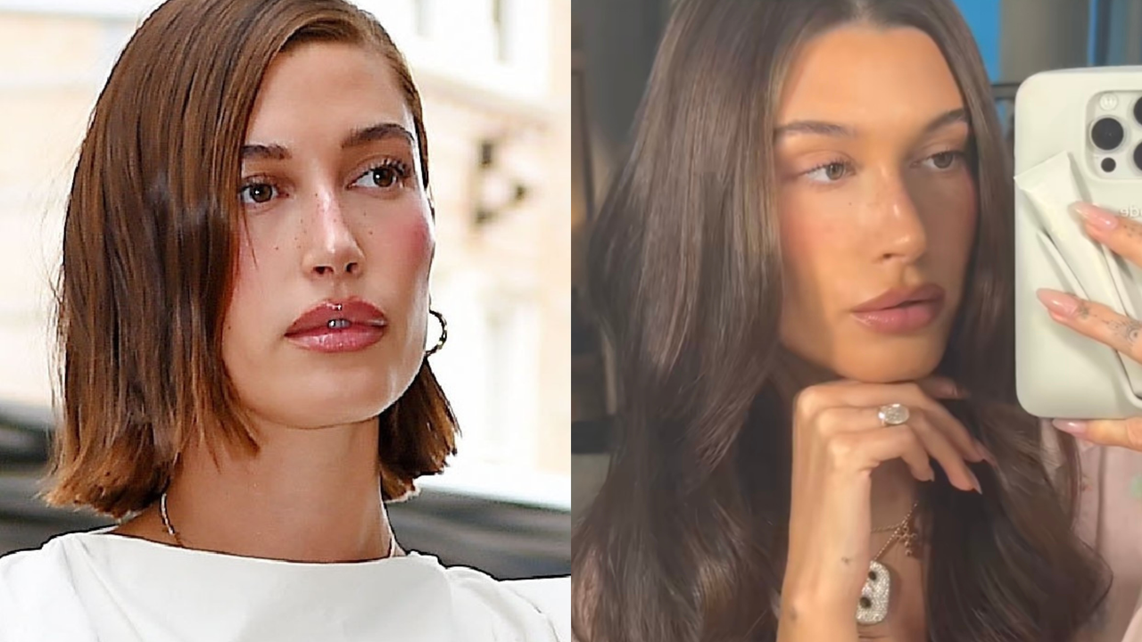 A side-by-side of Hailey Bieber with short hair and long hair.