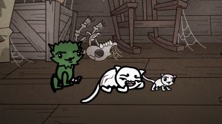 Mewgenics breeding guide: A green cat on the left next to a white cat on the floor and their kitten.