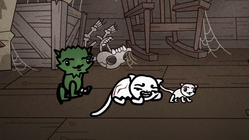 Mewgenics breeding guide: A green cat on the left next to a white cat on the floor and their kitten.