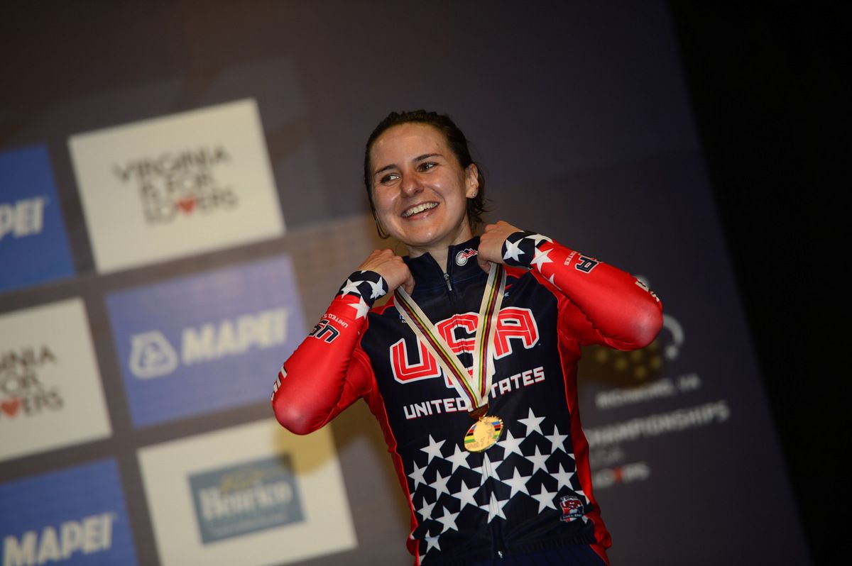 Megan Guarnier (United States of America) pulls on her bronze medal