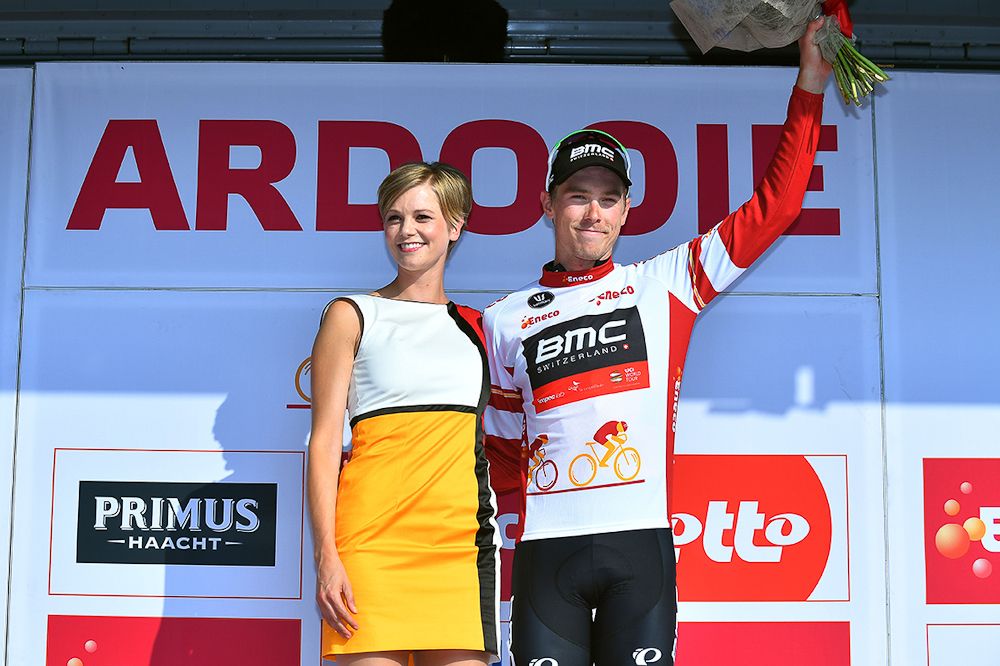 Rohan Dennis on the stage 3 podium at the Eneco Tour