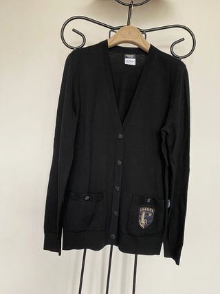 New Chanel Black Knit Badged Button Up Cardigan 100% Wool S or Small M 8 10 12