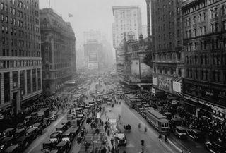 Traffic in New York City's Times Square in the 1920s.