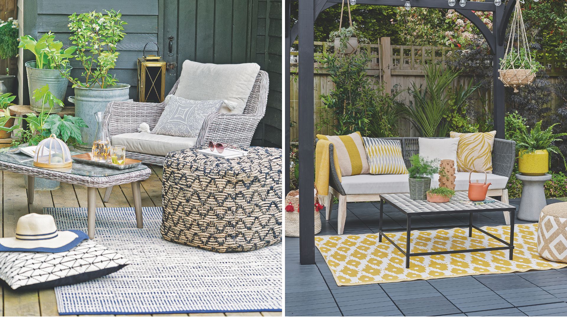 garden decking areas with outdoor rugs to suggest how to keep a garden cool in summer