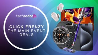 Click Frenzy The Main Event text in white with LG G4 OLED, Bose QCE II, Samsung Galaxy Watch Ultra, iPhone 15 Pro and Dyson V11 product images.